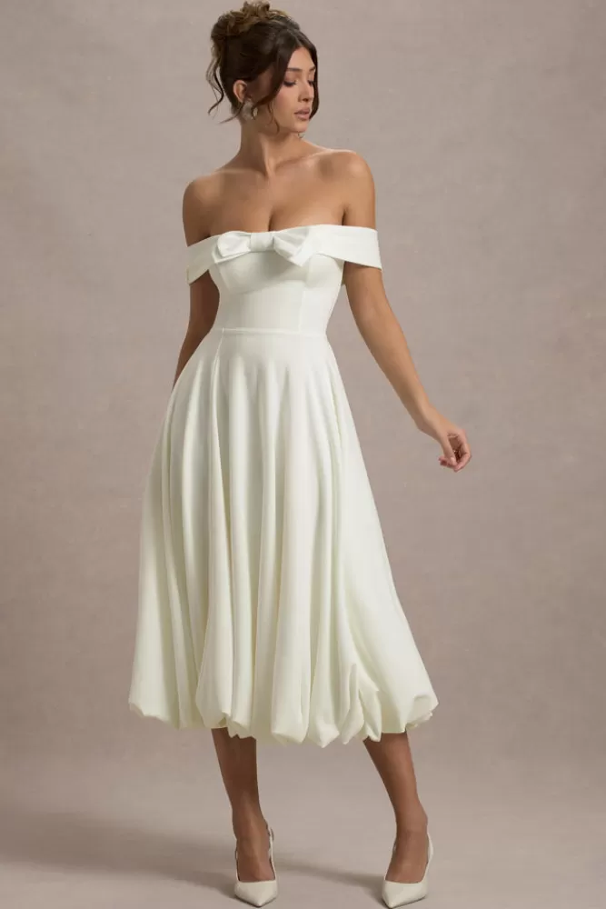 Club L London Calliopia | Bow Bardot Midi Dress With Puff-Ball Skirt CREAM Flash Sale