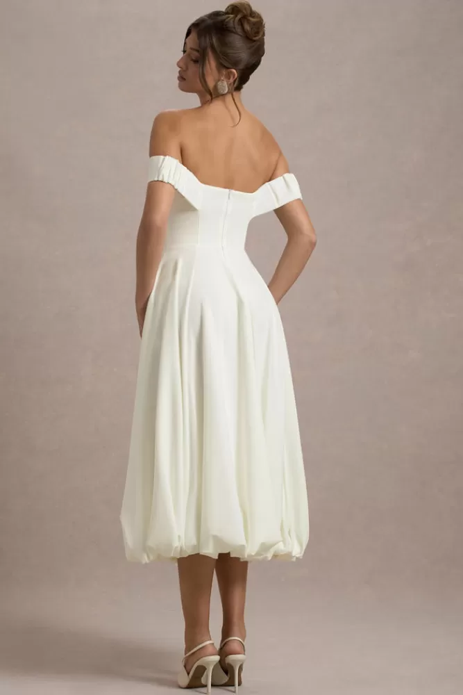 Club L London Calliopia | Bow Bardot Midi Dress With Puff-Ball Skirt CREAM Flash Sale