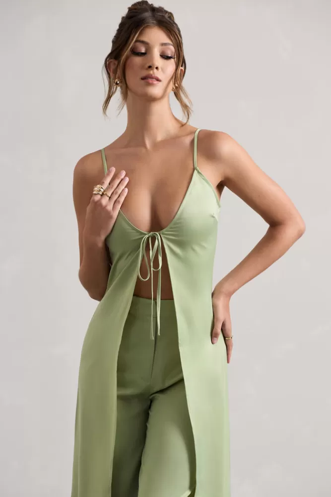 Club L London Calvi | Pale Green Satin Longline Cami Top With Split Front MATCHAGREEN Fashion
