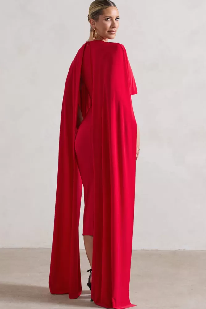 Club L London Camellia | Midi Dress With High-Low Cape RED Shop