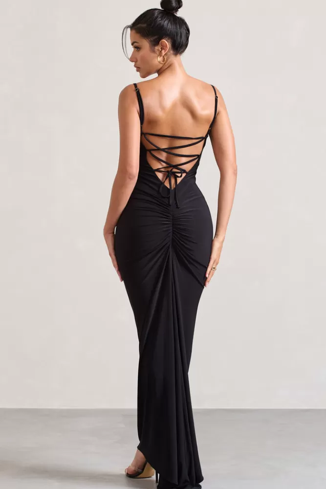 Club L London Camera One | Strappy Laced Bodycon Maxi Dress BLACK Cheap