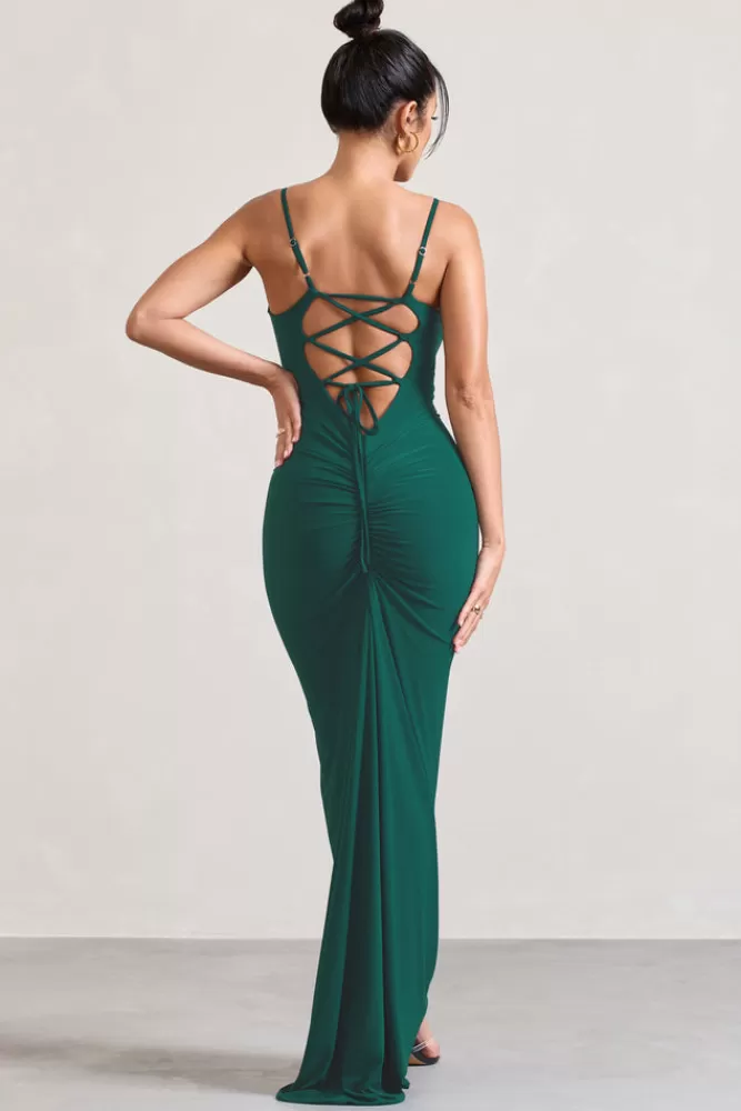 Club L London Camera One | Bottle Green Strappy Laced Bodycon Maxi Dress BOTTLEGREEN Fashion