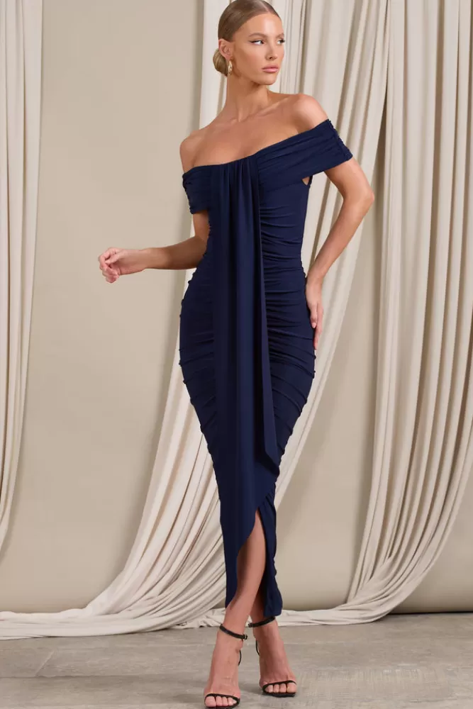 Club L London Camrin | Ruched Bardot Maxi Dress With Train Detail NAVY Store