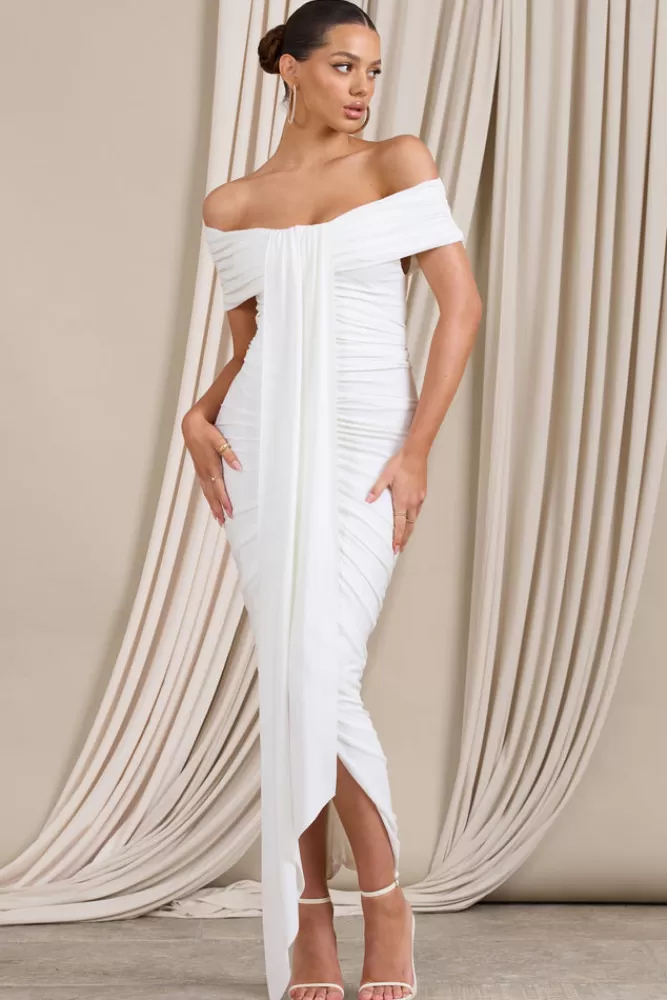 Club L London Camrin | White Ruched Bardot Maxi Dress With Train Detail CREAM Cheap