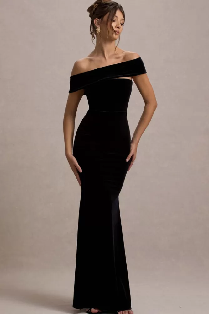 Club L London Candela | Velvet Asymmetric Bardot Maxi Dress Black Best Sale