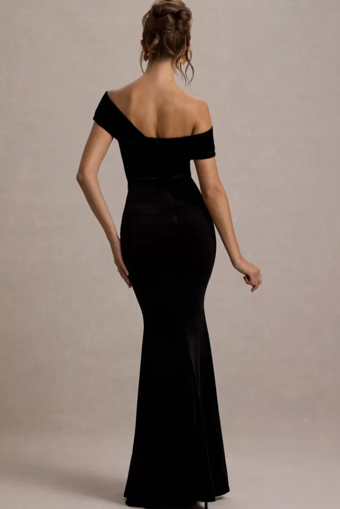 Club L London Candela | Velvet Asymmetric Bardot Maxi Dress Black Best Sale