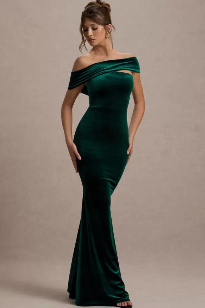 Club L London Candela | Bottle Green Velvet Asymmetric Bardot Maxi Dress Bottlegreen Clearance