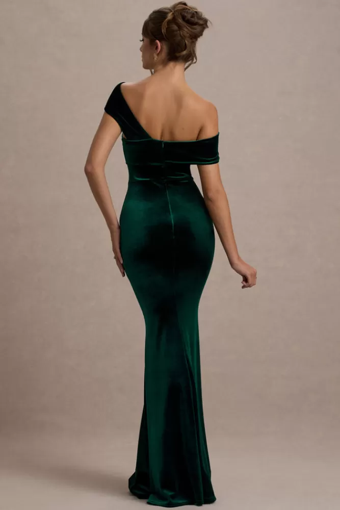 Club L London Candela | Bottle Green Velvet Asymmetric Bardot Maxi Dress Bottlegreen Clearance