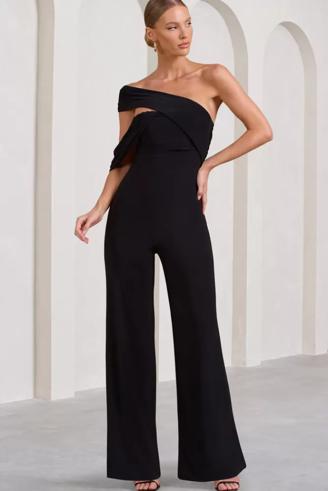 Club L London Candy | Asymmetric One Shoulder Ruched Jumpsuit BLACK Cheap