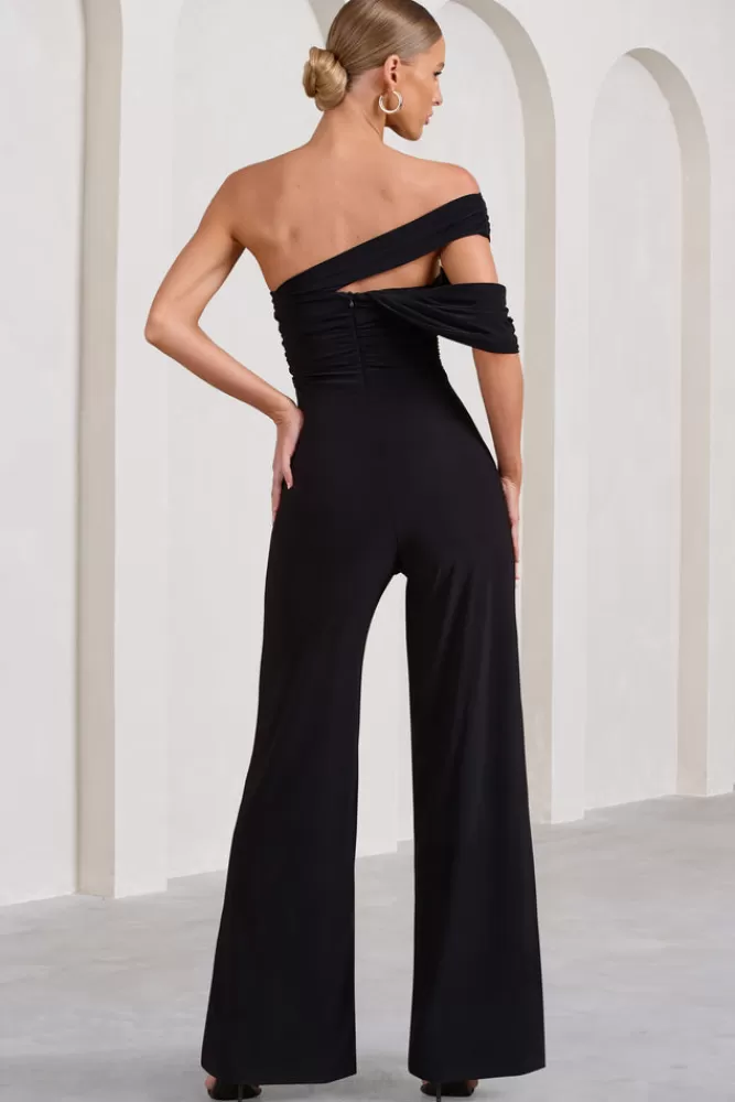 Club L London Candy | Asymmetric One Shoulder Ruched Jumpsuit BLACK Cheap