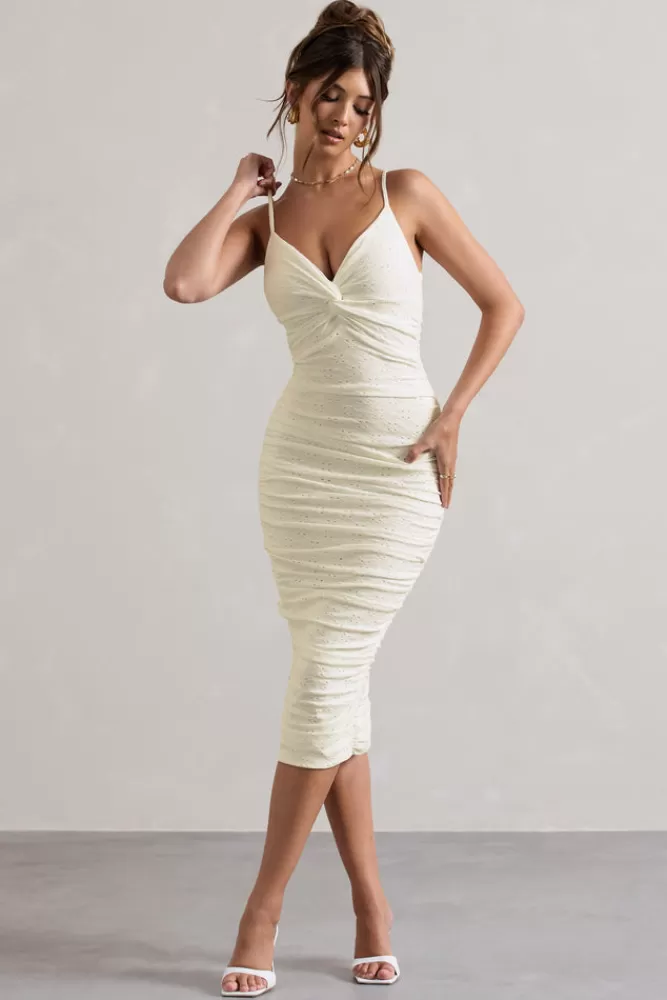 Club L London Cannes | Broderie Knit Strappy Twist Midi Dress WHITE Fashion