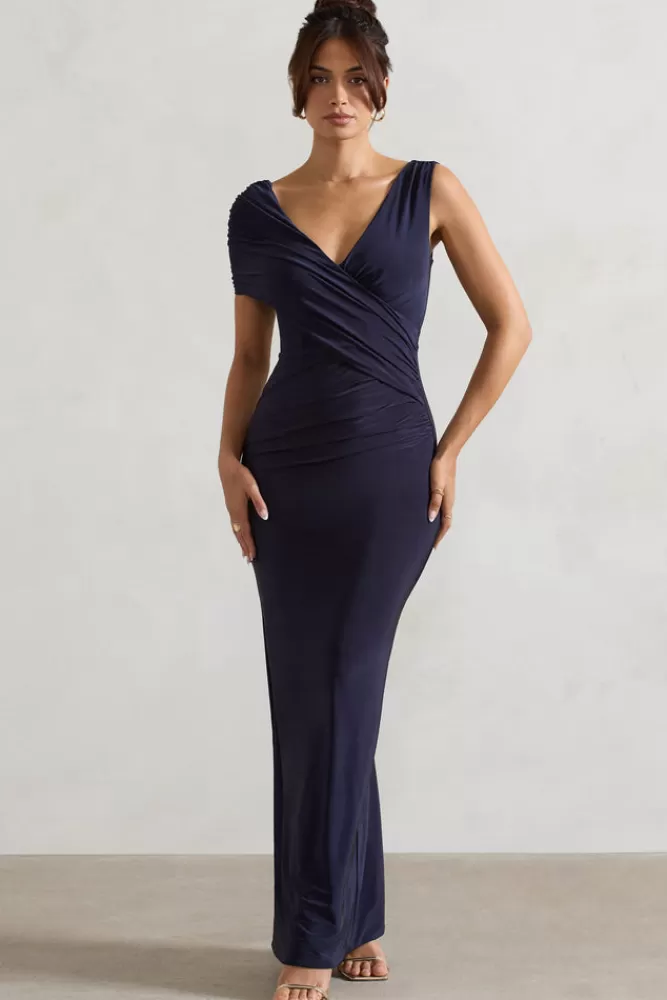 Club L London Capella | Asymmetric Wrap Maxi Dress NAVY Discount