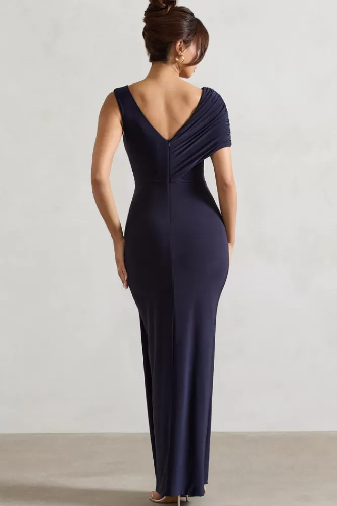 Club L London Capella | Asymmetric Wrap Maxi Dress NAVY Discount