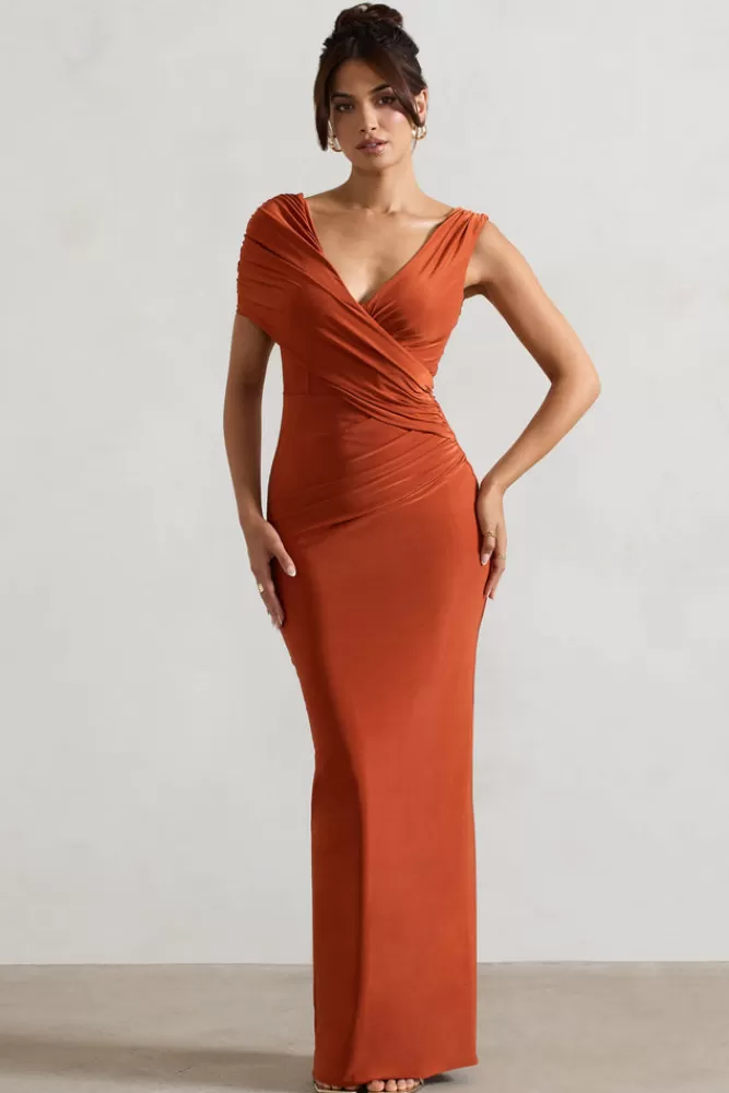 Club L London Capella | Asymmetric Wrap Maxi Dress RUST Hot