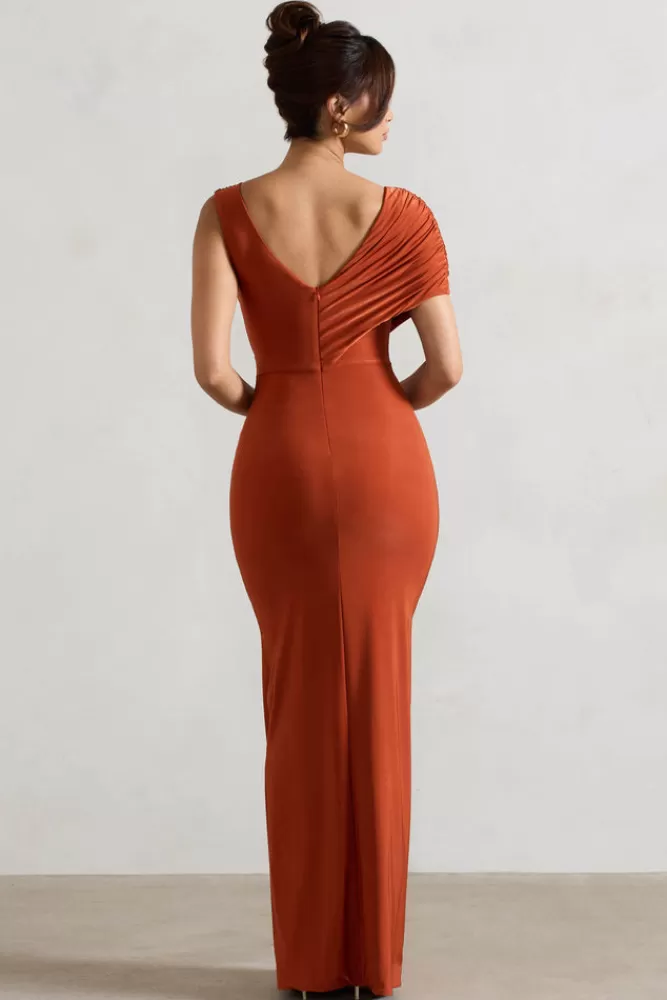 Club L London Capella | Asymmetric Wrap Maxi Dress RUST Hot