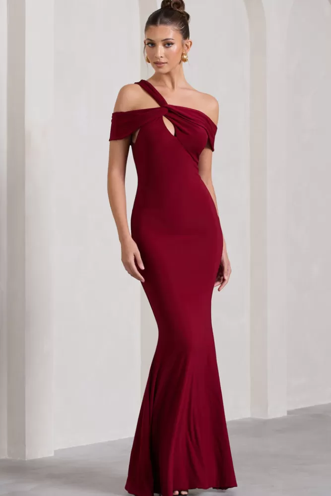 Club L London Captivating | Red Strappy Asymmetric Cut-Out Maxi Dress BERRY Flash Sale