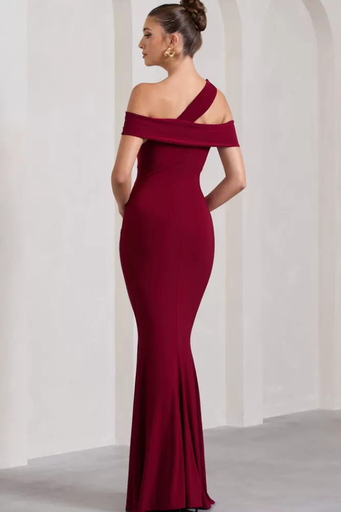 Club L London Captivating | Red Strappy Asymmetric Cut-Out Maxi Dress BERRY Flash Sale