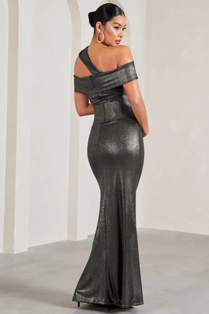 Club L London Captivating | Metallic Strappy Asymmetric Cut-Out Maternity Maxi Dress SILVER Best Sale