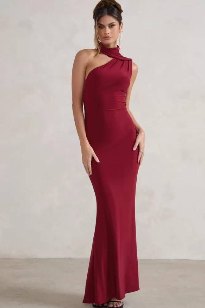 Club L London Capucine | Red One Shoulder Draped Maxi Dress BERRY Outlet