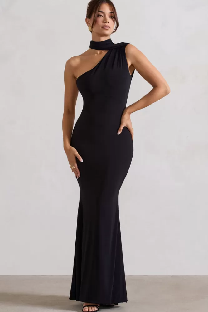 Club L London Capucine | One Shoulder Draped Maxi Dress BLACK Outlet