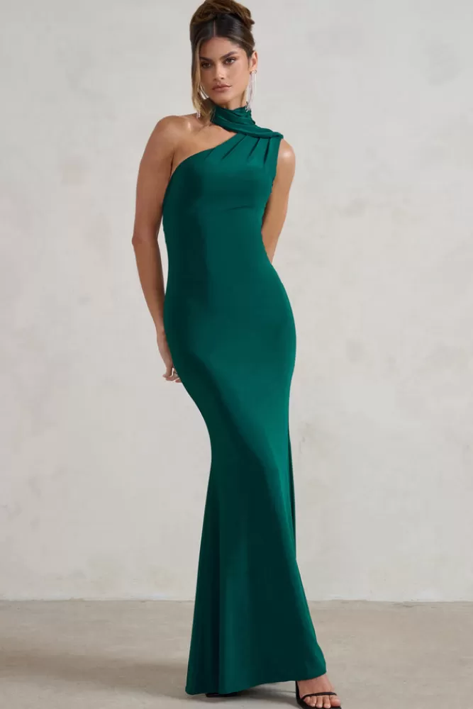 Club L London Capucine | Bottle Green One Shoulder Draped Maxi Dress BOTTLEGREEN Hot