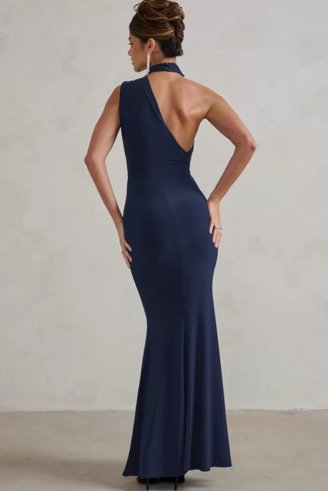 Club L London Capucine | One Shoulder Draped Maxi Dress NAVY Outlet