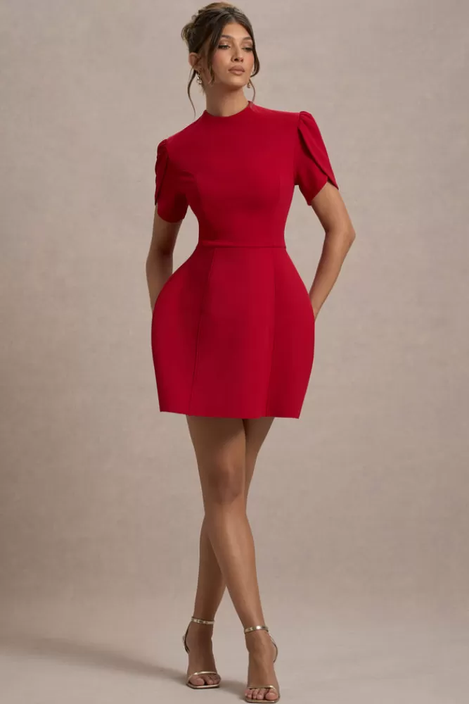 Club L London Carabella | High-Neck Short-Sleeve Mini Dress RED Hot