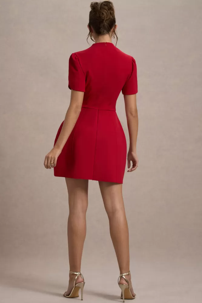 Club L London Carabella | High-Neck Short-Sleeve Mini Dress RED Hot