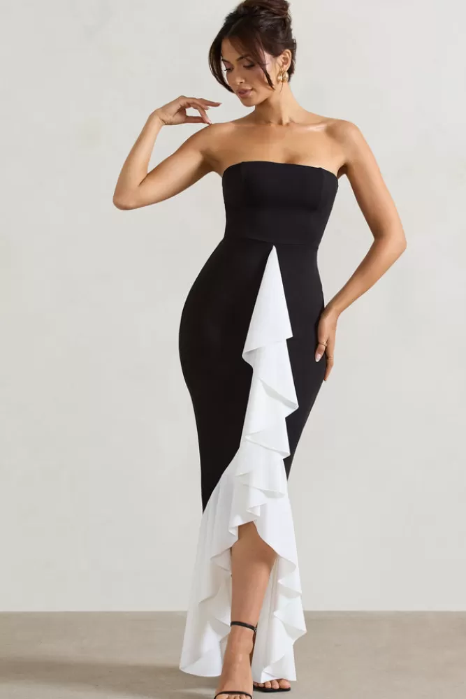 Club L London Carbonne | Black u0026 White Bandeau Ruffled Maxi Dress BLACKANDWHITE Cheap