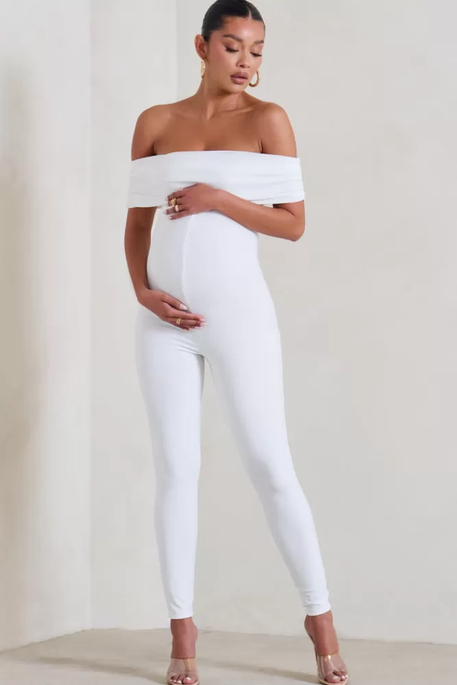 Club L London Carefully Crafted | Maternity Bardot Fitted Jumpsuit WHITE Cheap