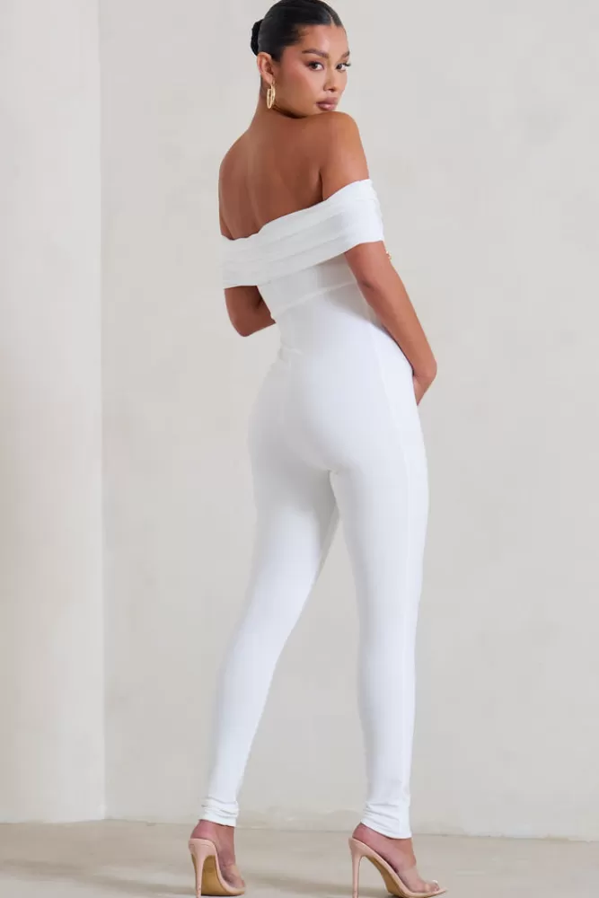 Club L London Carefully Crafted | Maternity Bardot Fitted Jumpsuit WHITE Cheap