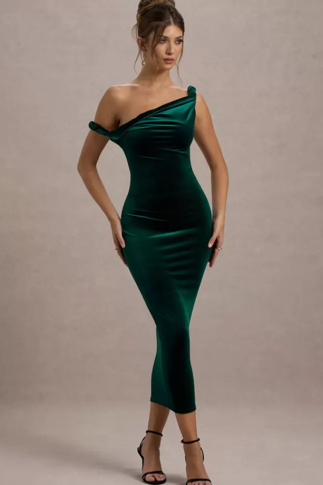 Club L London Carella | Bottle Green Velvet Twisted Asymmetric Midi Dress BOTTLEGREEN Hot