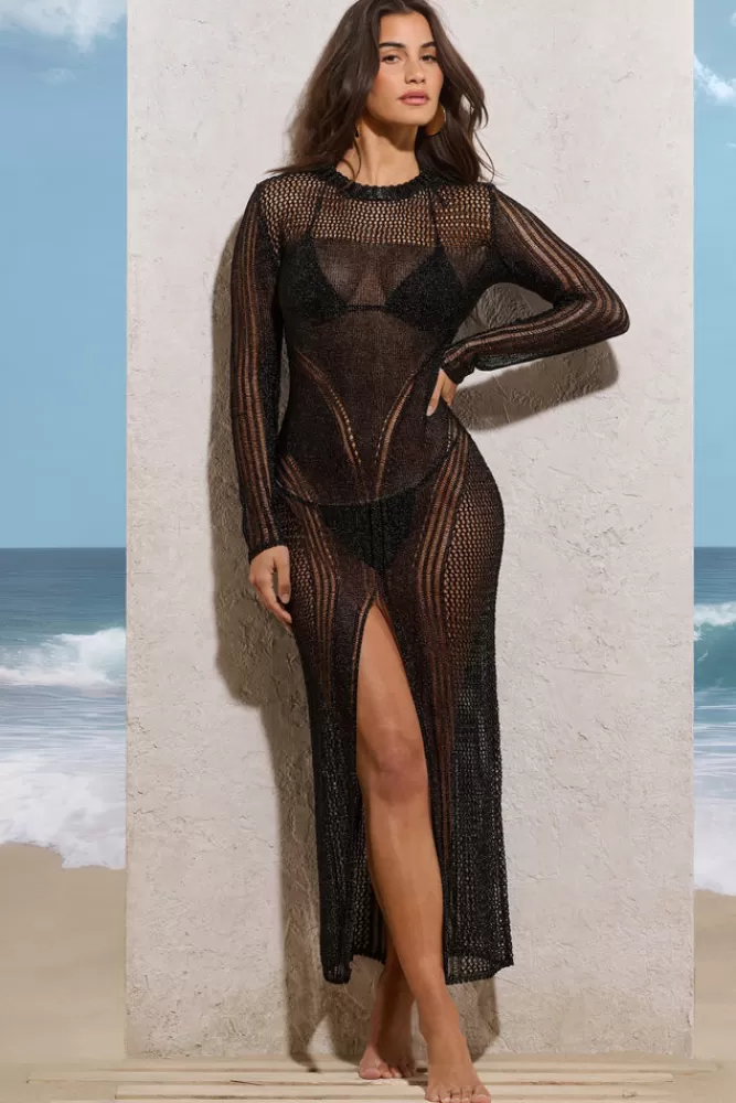 Club L London Caribbean | Crochet Long-Sleeve Split Maxi Dress BLACK Clearance