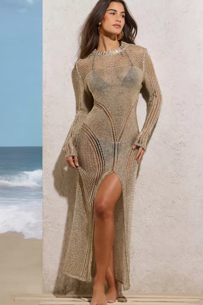 Club L London Caribbean | Crochet Long-Sleeve Split Maxi Dress GOLD Cheap