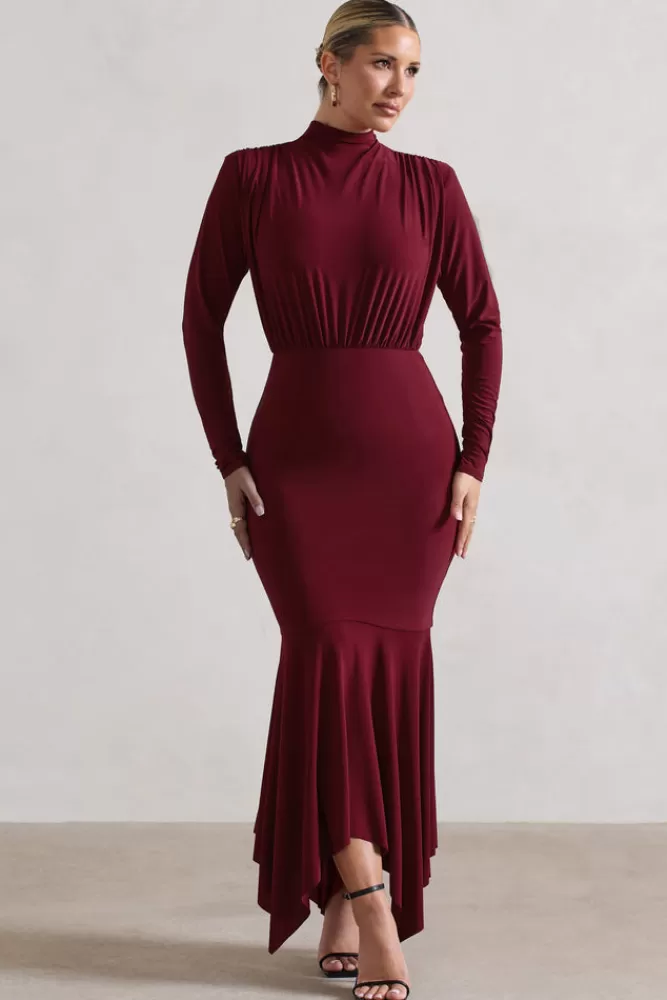 Club L London Carla | High-Neck Maxi Dress With Draped Hem BERRY Cheap