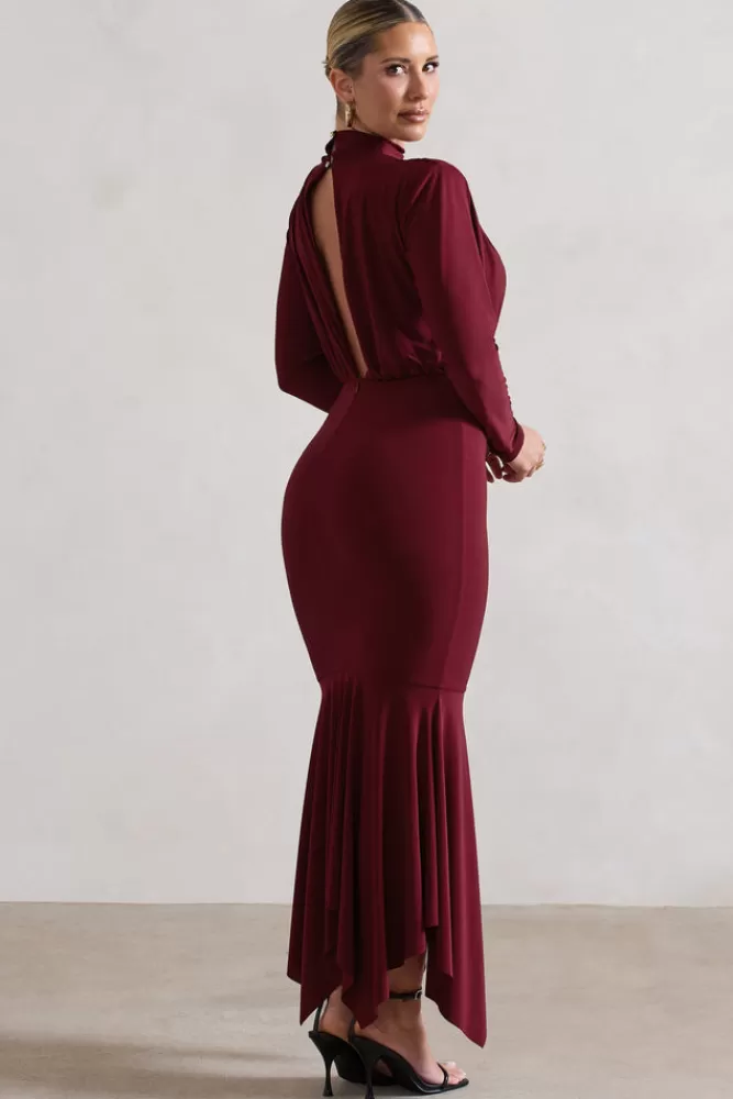 Club L London Carla | High-Neck Maxi Dress With Draped Hem BERRY Cheap