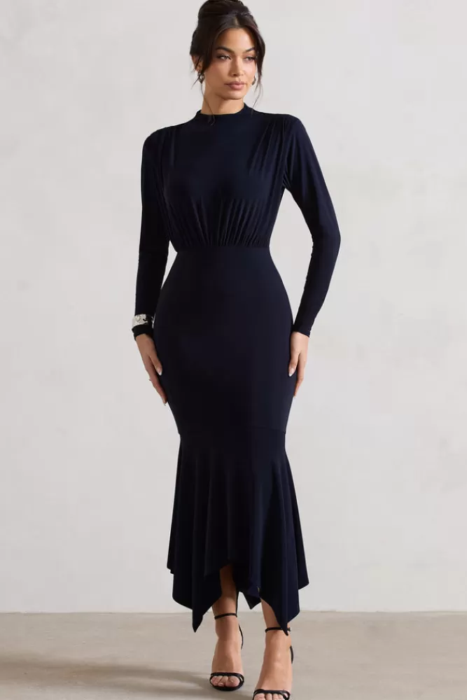 Club L London Carla | High-Neck Maxi Dress With Draped Hem NAVY Hot