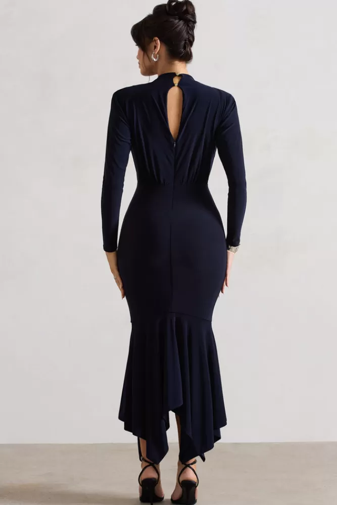 Club L London Carla | High-Neck Maxi Dress With Draped Hem NAVY Hot