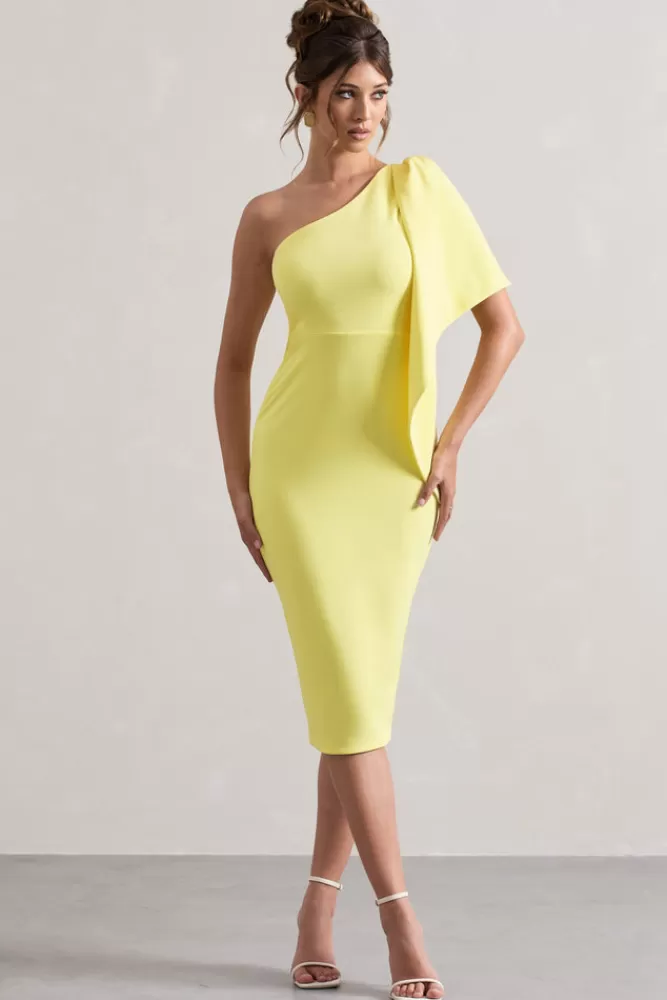 Club L London Carlana | Asymmetric Midi Dress With Ruffled Drape LEMON Clearance