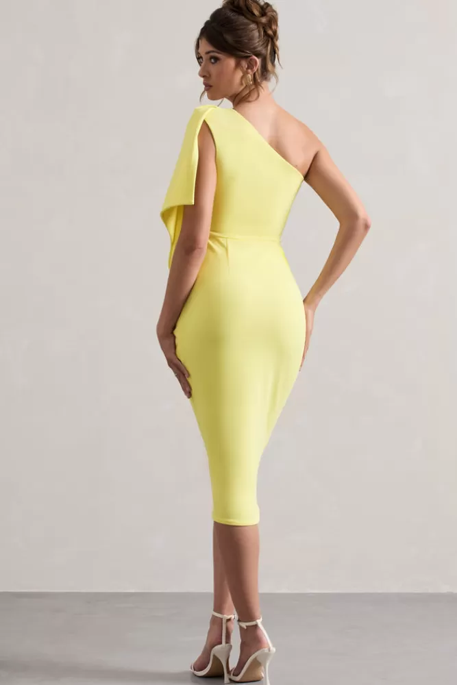 Club L London Carlana | Asymmetric Midi Dress With Ruffled Drape LEMON Clearance