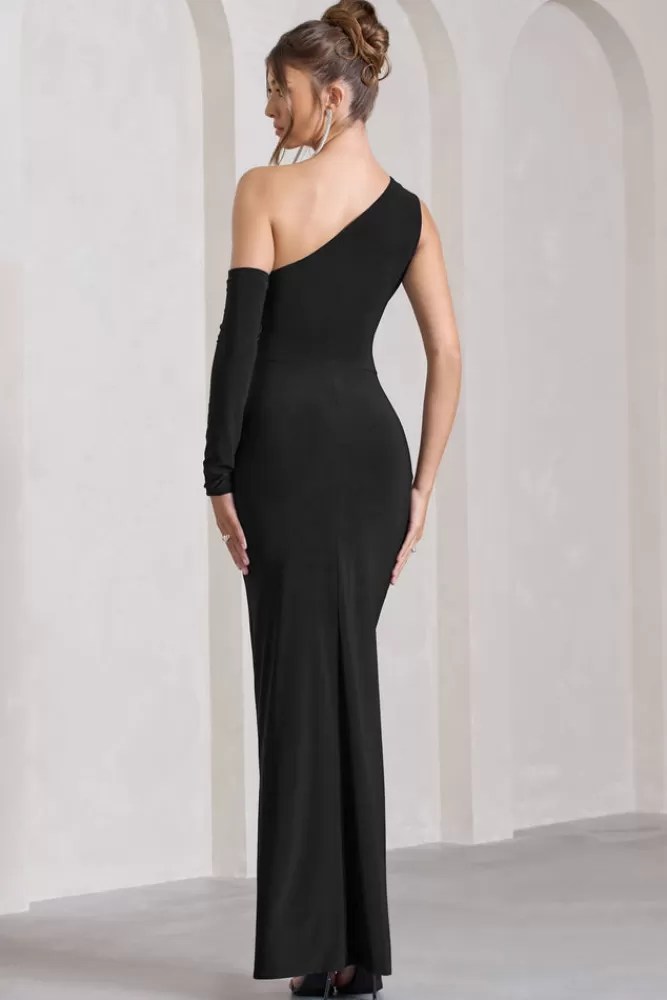 Club L London Carlina | Ruched One Shoulder Cut-Out Split Maxi Dress BLACK Sale