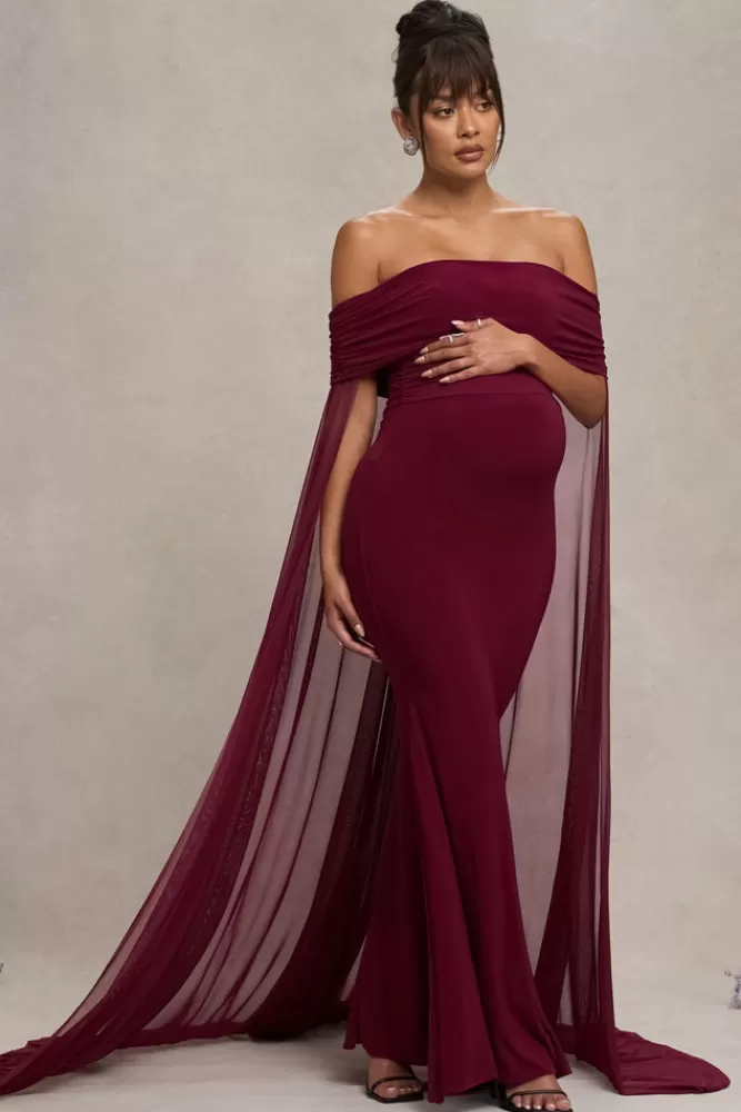 Club L London Carlotta | Bardot Maternity Maxi Dress With Chiffon Cape BERRY Best