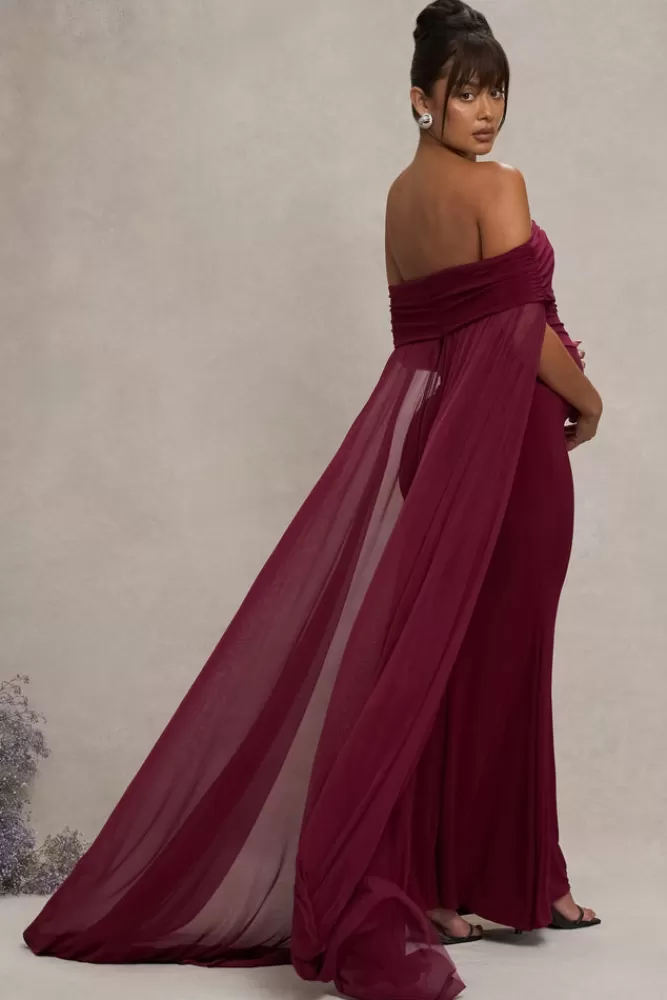 Club L London Carlotta | Bardot Maternity Maxi Dress With Chiffon Cape BERRY Best