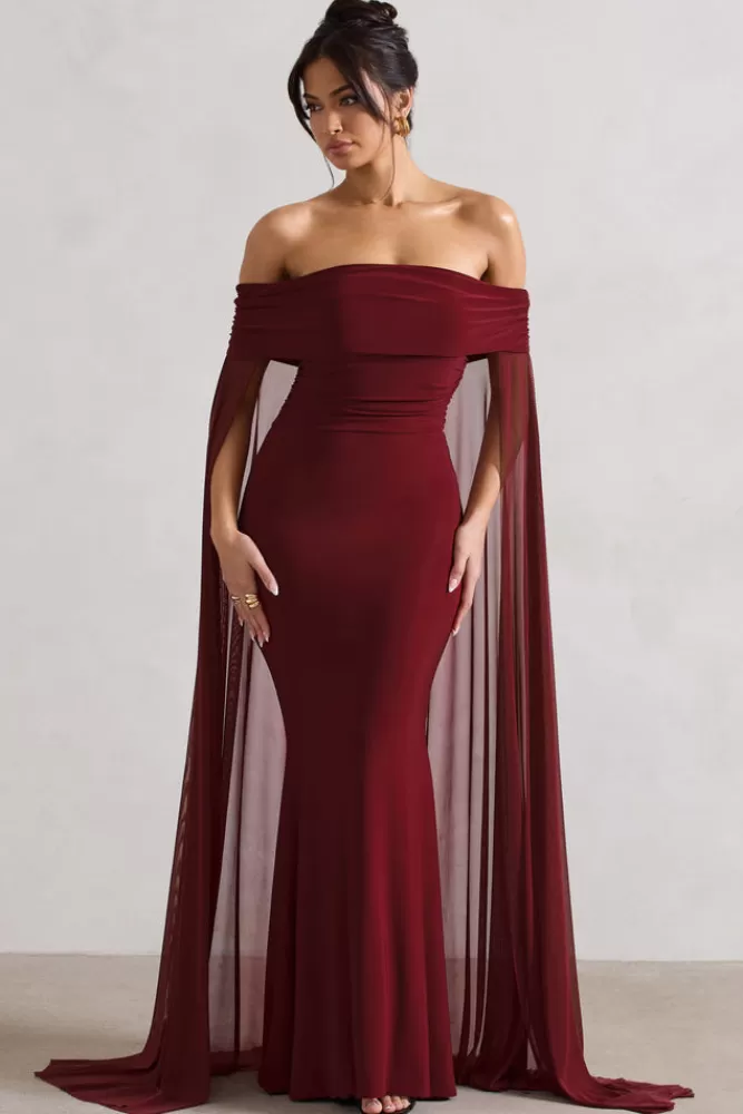 Club L London Carlotta | Bardot Maxi Dress With Chiffon Cape BERRY Cheap