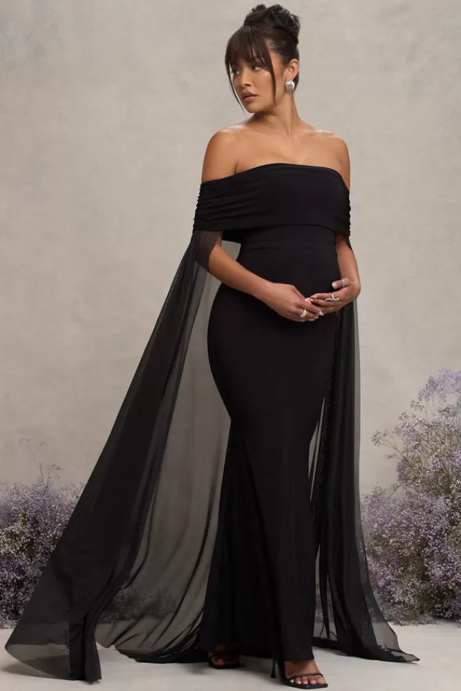 Club L London Carlotta | Bardot Maternity Maxi Dress With Chiffon Cape BLACK Cheap