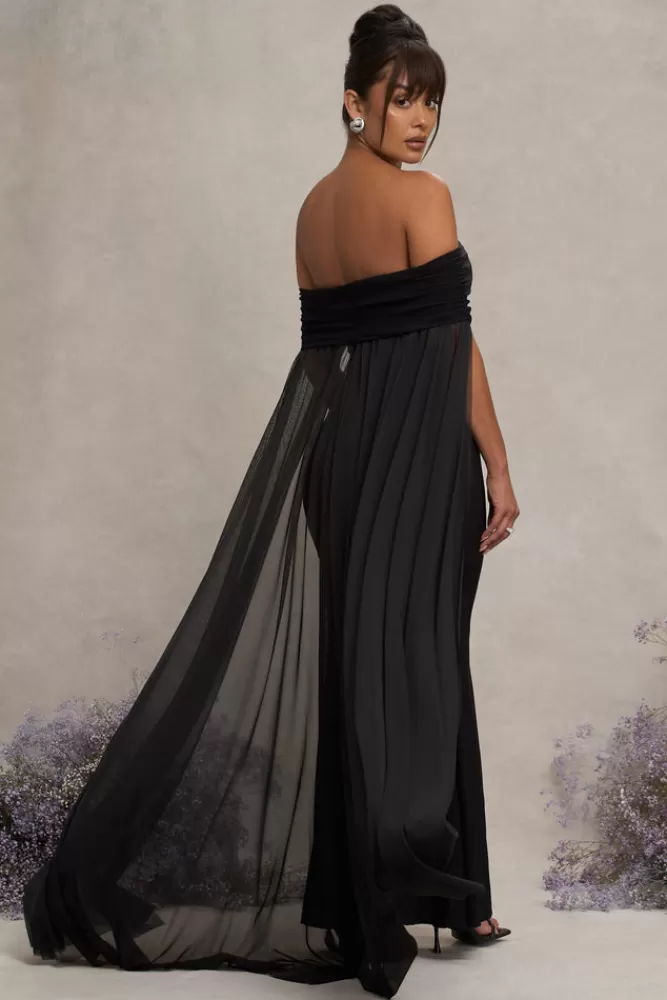 Club L London Carlotta | Bardot Maternity Maxi Dress With Chiffon Cape BLACK Cheap