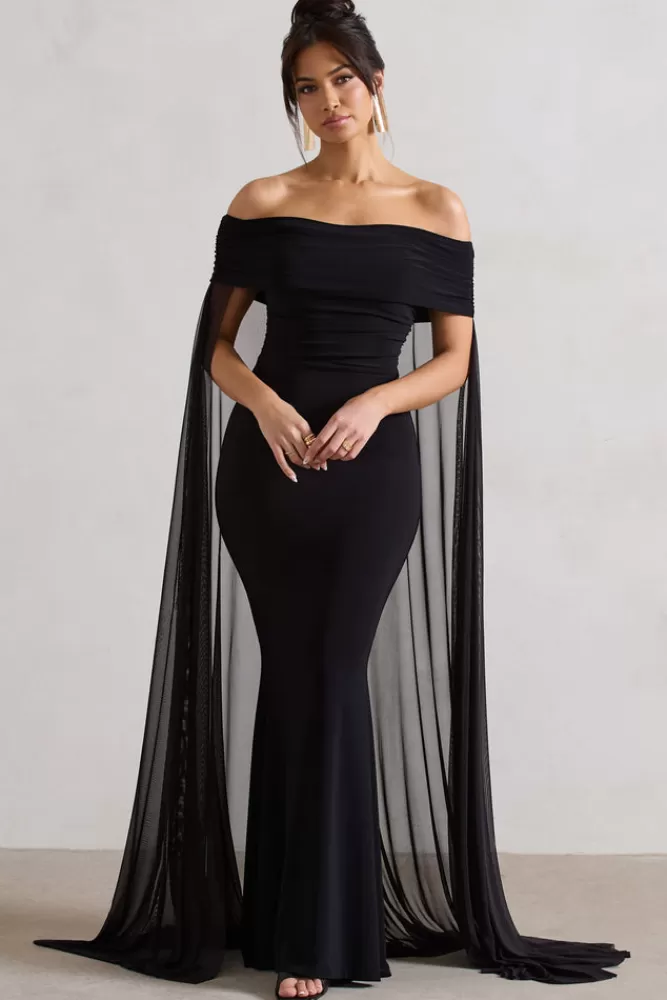 Club L London Carlotta | Bardot Maxi Dress With Chiffon Cape BLACK Flash Sale