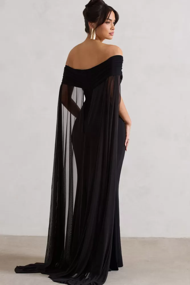 Club L London Carlotta | Bardot Maxi Dress With Chiffon Cape BLACK Flash Sale