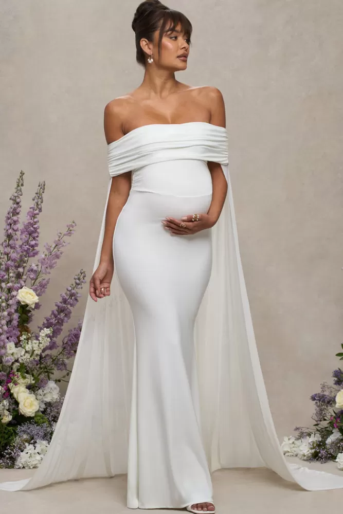 Club L London Carlotta | Bardot Maternity Maxi Dress With Chiffon Cape WHITE Best Sale