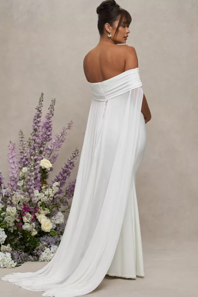 Club L London Carlotta | Bardot Maternity Maxi Dress With Chiffon Cape WHITE Best Sale